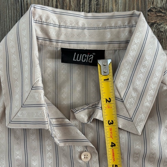 Vtg Lucia Button-Up L/S Shirt Blouse Beige Blue Stripe Geometric No Size Tag - Picture 5 of 8